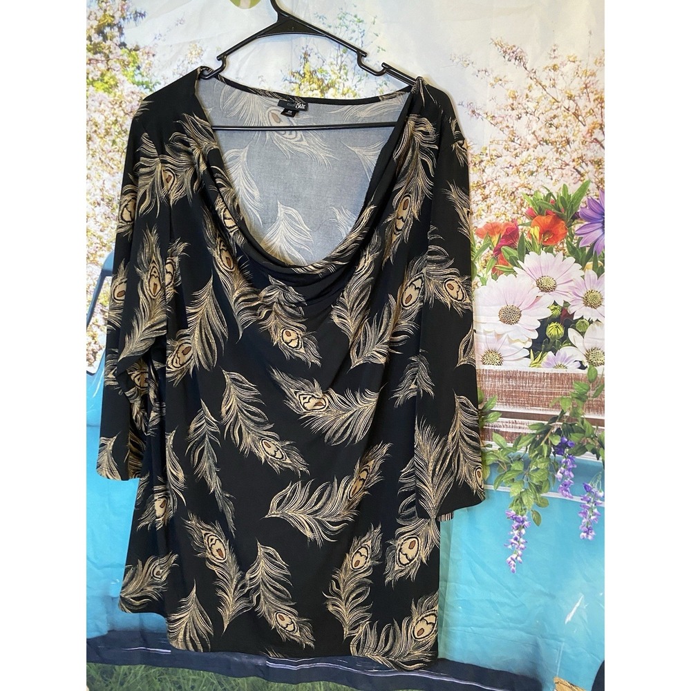 East 5th Blouse Women 2X Plus Black/With Feathers 3/4 Sleeve Pullover